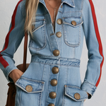 Retro Western Red Stripe Sleeve Button Front Wide Leg Denim Jumpsuit