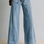 Retro Western Red Stripe Sleeve Button Front Wide Leg Denim Jumpsuit