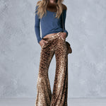 Stylish Faux-fur Collar Blue Cotton T-shirt Leopard-print Velvet Trousers Matching Set