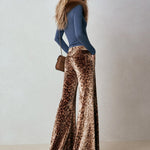 Stylish Faux-fur Collar Blue Cotton T-shirt Leopard-print Velvet Trousers Matching Set