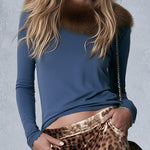 Stylish Faux-fur Collar Blue Cotton T-shirt Leopard-print Velvet Trousers Matching Set