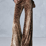 Stylish Faux-fur Collar Blue Cotton T-shirt Leopard-print Velvet Trousers Matching Set