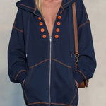 Casual Retro Double-breasted Decorative Button Blue Hooded Zip-up Cotton Mini Dress