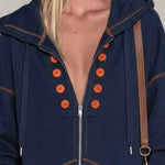 Casual Retro Double-breasted Decorative Button Blue Hooded Zip-up Cotton Mini Dress