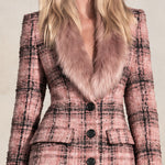 Retro-elegant Faux Fur Collar Pink Tassel Single-breasted Tweed Coat