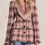 Retro-elegant Faux Fur Collar Pink Tassel Single-breasted Tweed Coat