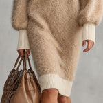 Casual Retro Color-blocked Collared Khaki Brown Knit Midi Dress