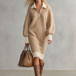 Casual Retro Color-blocked Collared Khaki Brown Knit Midi Dress