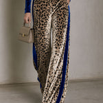 Elegant Retro Royal Blue Velvet Top And Leopard Print Velvet Wide-leg Pants Set