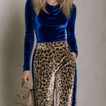 Elegant Retro Royal Blue Velvet Top And Leopard Print Velvet Wide-leg Pants Set