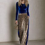 Elegant Retro Royal Blue Velvet Top And Leopard Print Velvet Wide-leg Pants Set