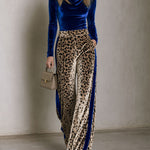 Elegant Retro Royal Blue Velvet Top And Leopard Print Velvet Wide-leg Pants Set