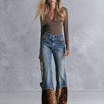 Women's High Rise Leopard Print Patchwork Flare Jeans