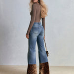 Women's High Rise Leopard Print Patchwork Flare Jeans