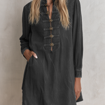 Boho Vintage Black Washed Stand Collar Ornate Button Denim Mini Dress