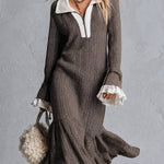 Women's Contrast-Trim Brown Herringbone Long Sleeve Midi Dress