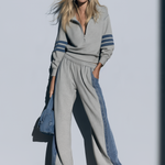 Women's Retro Sporty Denim Striped Gray Half-Zip Sweatshirt Wide-Leg Set
