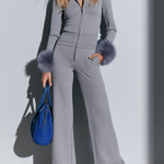 Women's Faux Fur Light Gray Knitted Cotton Zipper Wide-Leg Jumpsuit