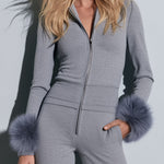 Women's Faux Fur Light Gray Knitted Cotton Zipper Wide-Leg Jumpsuit