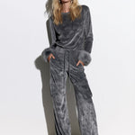 Women's Faux Fur Cuff Gray Camouflage Velvet Top And Wide-leg Cargo Pants Set