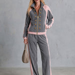 Casual Sporty Grey Lapel Zip-up Double-breasted Fleece Top And Pants Set