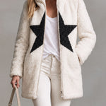 Retro-chic Color-blocked Star-patterned White Stand-collar Zip-up Fleece Coat