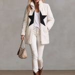 Retro-chic Color-blocked Star-patterned White Stand-collar Zip-up Fleece Coat