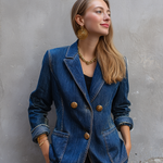 Vintage Chic Dark Wash Gold Button Tailored Denim Blazer