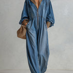Casual Chic Oversized Leopard-Print Trim Blue Denim Jumpsuit