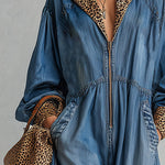 Casual Chic Oversized Leopard-Print Trim Blue Denim Jumpsuit