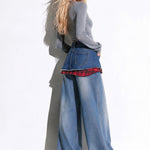 Retro Plaid Frayed Hem Mini Skirt With Metal Buttons And Blue Wide-leg Jeans