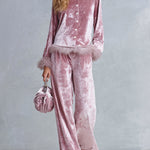 Elegant Faux-fur Trim Dusty Rose Crushed Velvet Top and Wide-Leg Trousers Two-Piece Sets