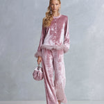 Elegant Faux-fur Trim Dusty Rose Crushed Velvet Top and Wide-Leg Trousers Two-Piece Sets