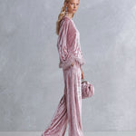 Elegant Faux-fur Trim Dusty Rose Crushed Velvet Top and Wide-Leg Trousers Two-Piece Sets