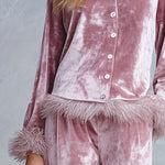Elegant Faux-fur Trim Dusty Rose Crushed Velvet Top and Wide-Leg Trousers Two-Piece Sets