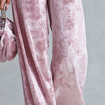 Elegant Faux-fur Trim Dusty Rose Crushed Velvet Top and Wide-Leg Trousers Two-Piece Sets