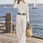 Gold Button High-neck Striped White Slim-fit Long-sleeved Sweater