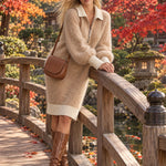 Casual Retro Color-blocked Collared Khaki Brown Knit Midi Dress