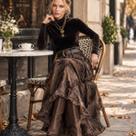 Vintage-style Dark Drown Long-sleeve T-shirt and Paisley Print Velvet Skirt Set
