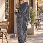 Women's Faux Fur Cuff Gray Camouflage Velvet Top And Wide-leg Cargo Pants Set