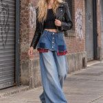 Retro Plaid Frayed Hem Mini Skirt With Metal Buttons And Blue Wide-leg Jeans