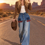 Retro Plaid Frayed Hem Mini Skirt With Metal Buttons And Blue Wide-leg Jeans