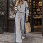 Women's Retro Sporty Denim Striped Gray Half-Zip Sweatshirt Wide-Leg Set