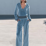 Retro Chic Dusty Blue Velvet Ruffle V-Neck Wide Leg Pants Two Piece Set