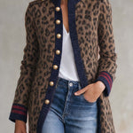 Military Vintage Camel Leopard Print Stand Collar Gold Button Womens Long Sweater Cardigan
