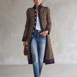 Military Vintage Camel Leopard Print Stand Collar Gold Button Womens Long Sweater Cardigan