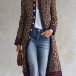 Military Vintage Camel Leopard Print Stand Collar Gold Button Womens Long Sweater Cardigan