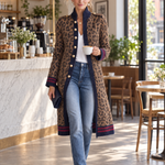 Military Vintage Camel Leopard Print Stand Collar Gold Button Womens Long Sweater Cardigan