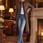 Military Vintage Camel Leopard Print Stand Collar Gold Button Womens Long Sweater Cardigan