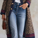 Military Vintage Camel Leopard Print Stand Collar Gold Button Womens Long Sweater Cardigan